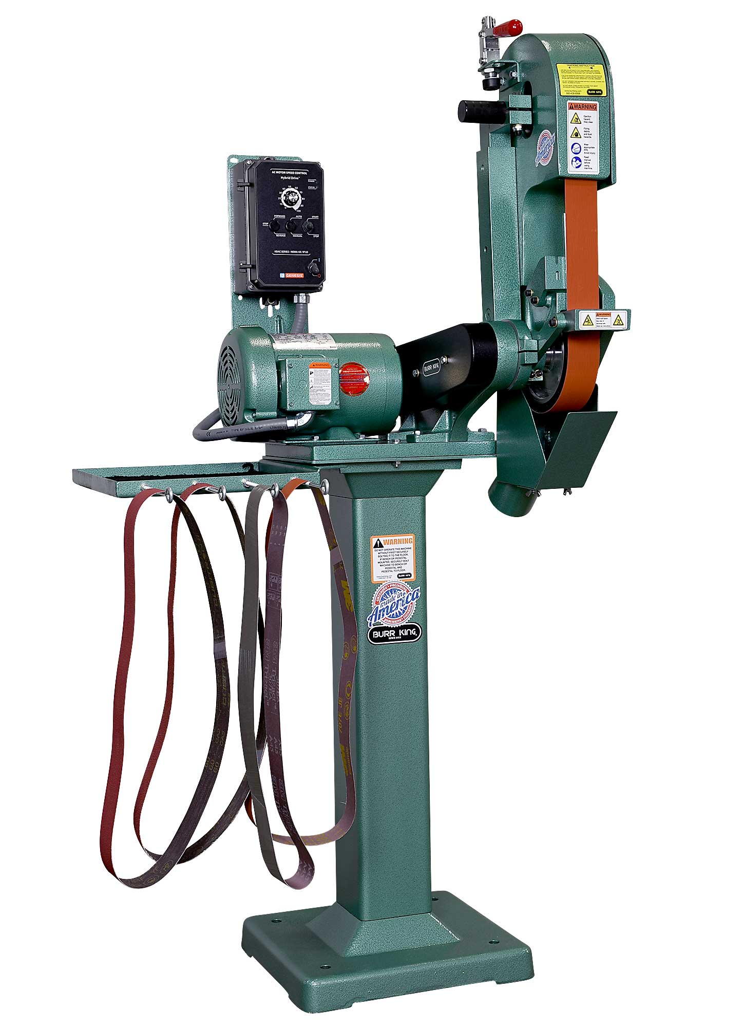24821 - X400 variable speed belt grinder shown with optional 01 pedestal, 760T-2 tool tray and DS400-1 dust scoop